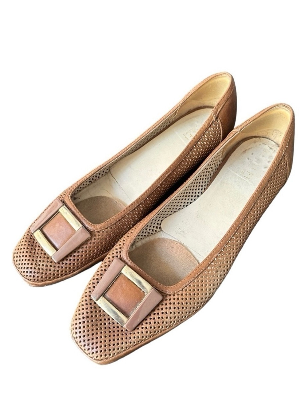 Amalfi by Rangoni Tan Brown Italian Leather Buckle Flats Size 10.5 Low Heel